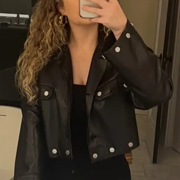 Nanushka Black Faux Leather Moto Jacket MEDIUM Cropped Oversized Designer $625 - Picture 4 of 15